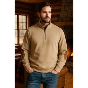 Woolrich Men’s XL 1/4 Zip Pullover Beige Sweatshirt Elbow Patches Cotton Blend